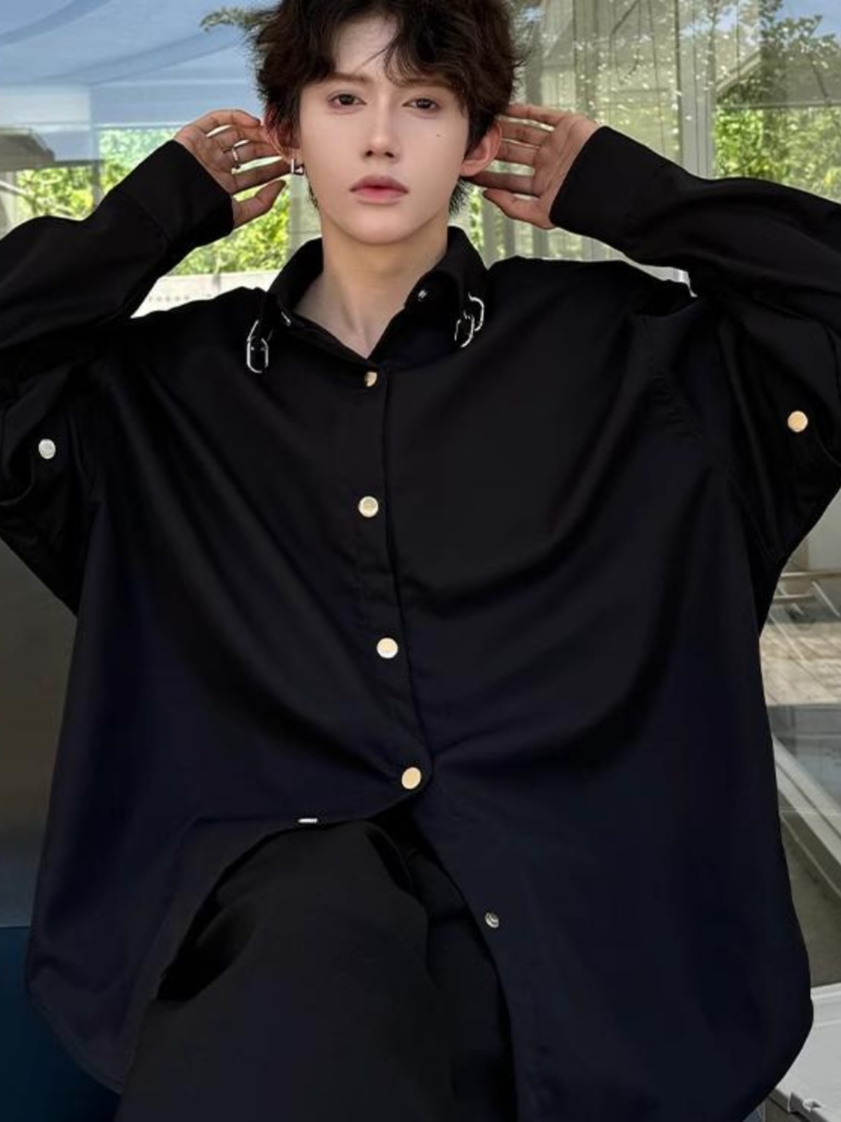 Black Long Sleeve Collared Men - Streetwear Brand Model บทวิจารณ์และราคา