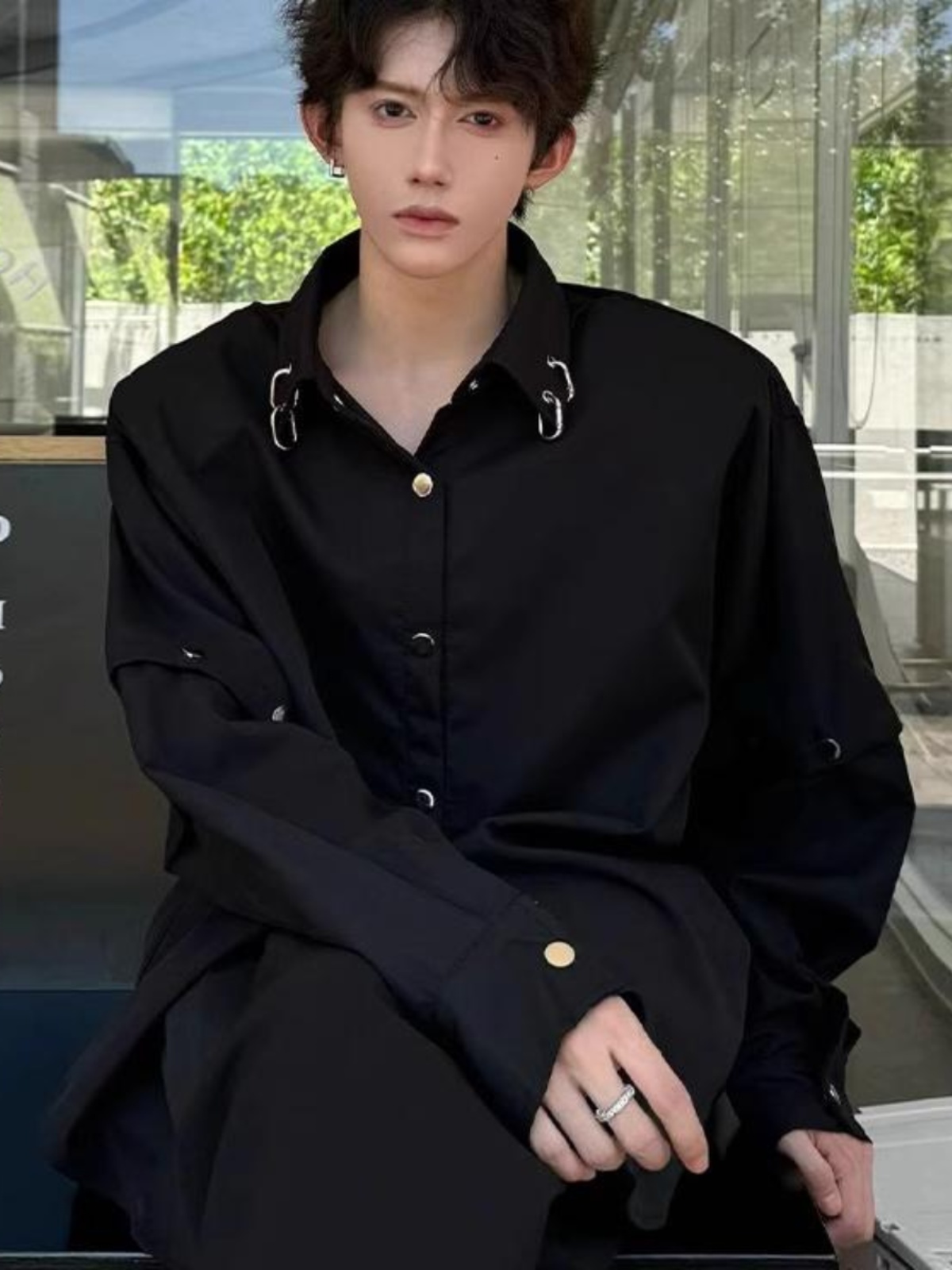 Black Long Sleeve Collared Men - Streetwear Brand Model บทวิจารณ์และราคา